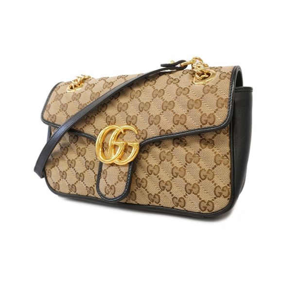 Gucci Shoulder Bag GG Marmont GG Canvas Beige Black Gold Hardware - Picture 1 of 8